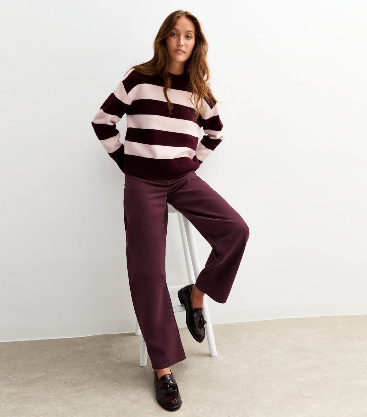 New Look Women's Burgundy Long Barrel Leg Jeans New Look