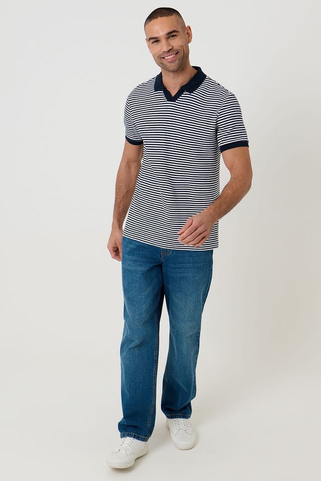 Threadbare Threadbare Men's 'Domino' Revere Collar Striped Pique Polo in Navy - 3