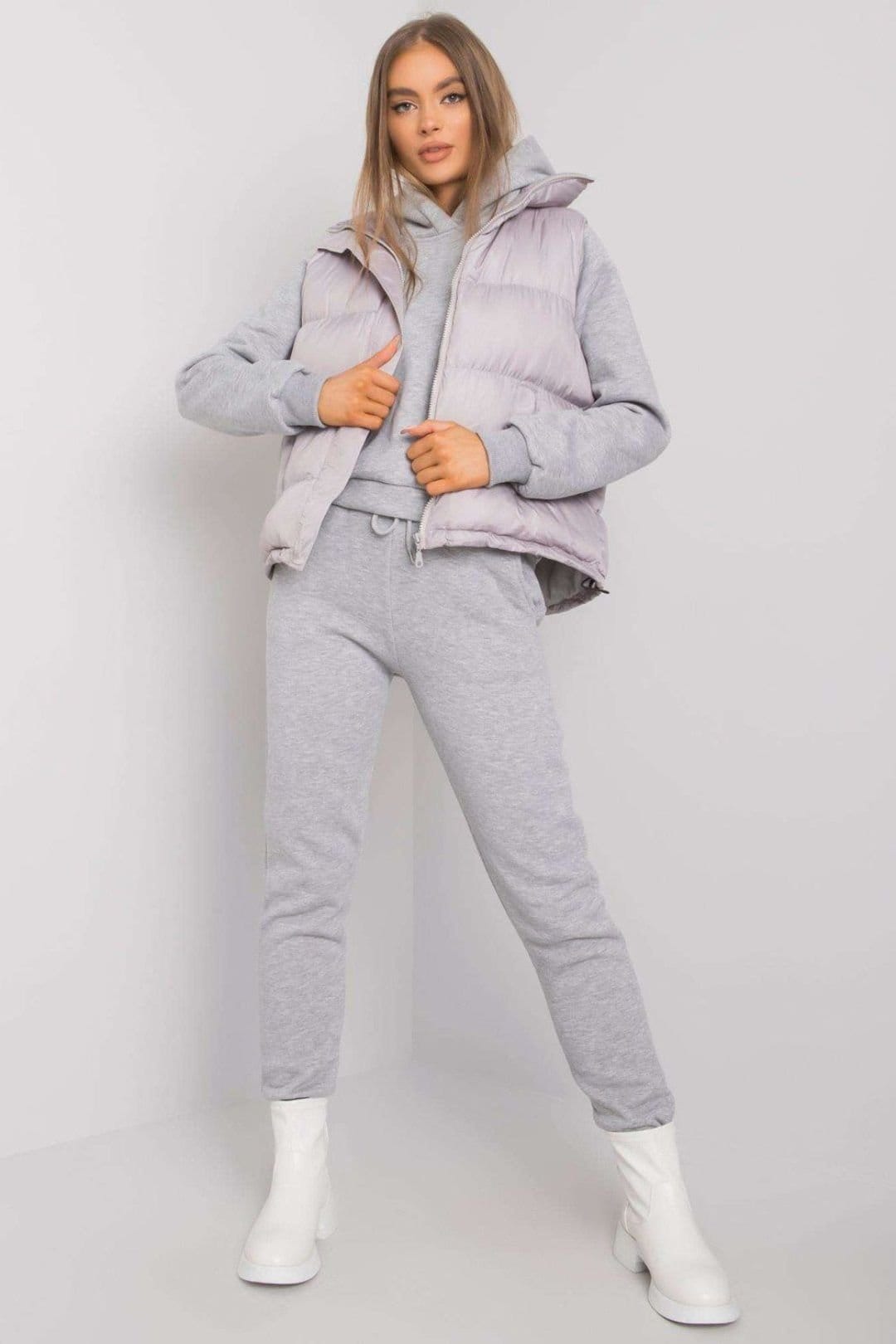 Love Lace Grey Sweatshirt, Sweatpants, and Down Vest Set