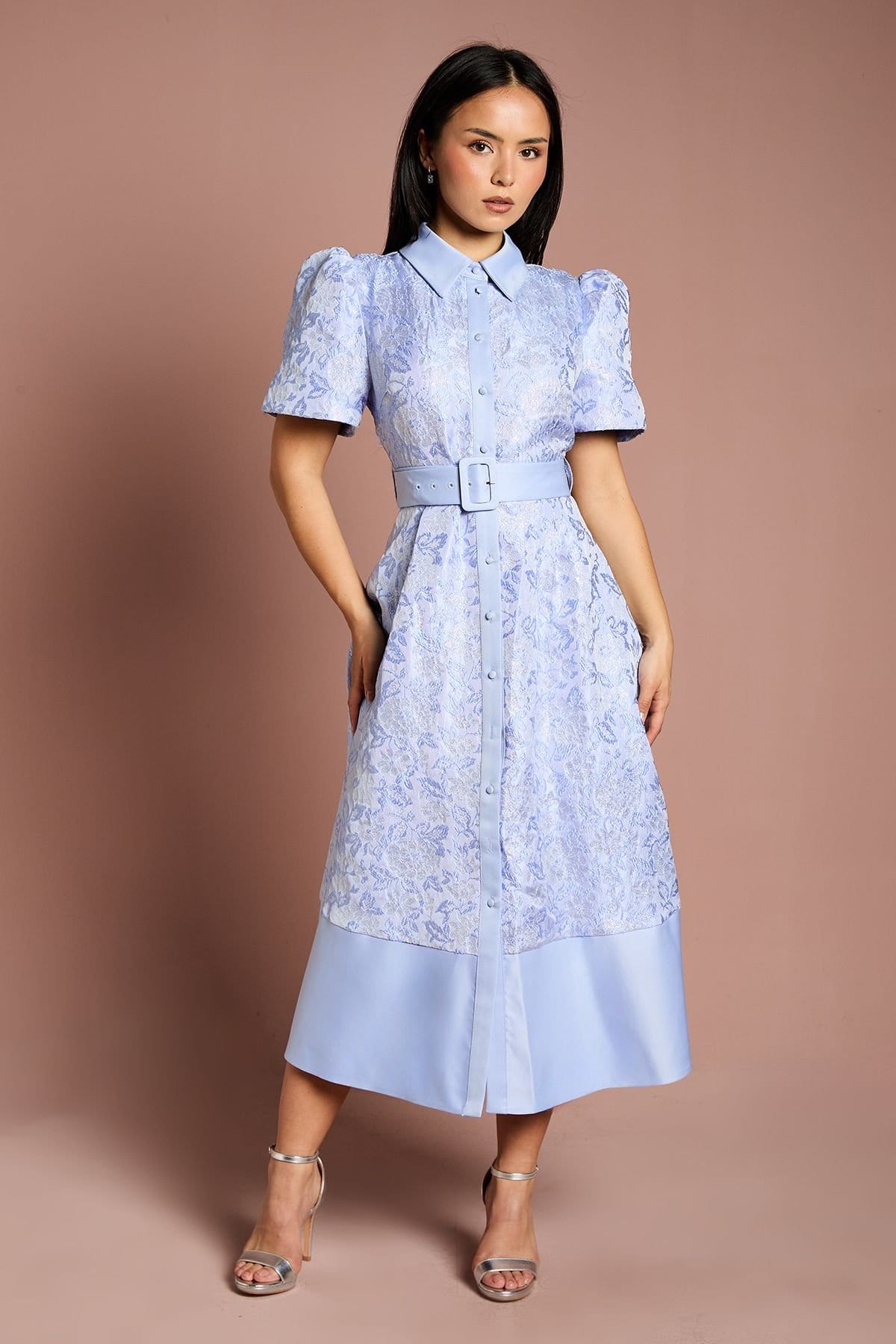Coast Blue Jacquard Midi Dress with Puff Sleeves