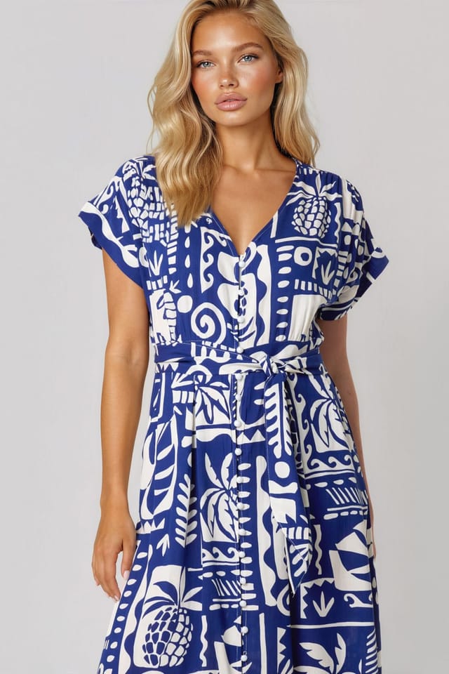 Aftershock London Aftershock London Women's Royal Blue Tropical Print Tie Waist Maxi Dress - 2