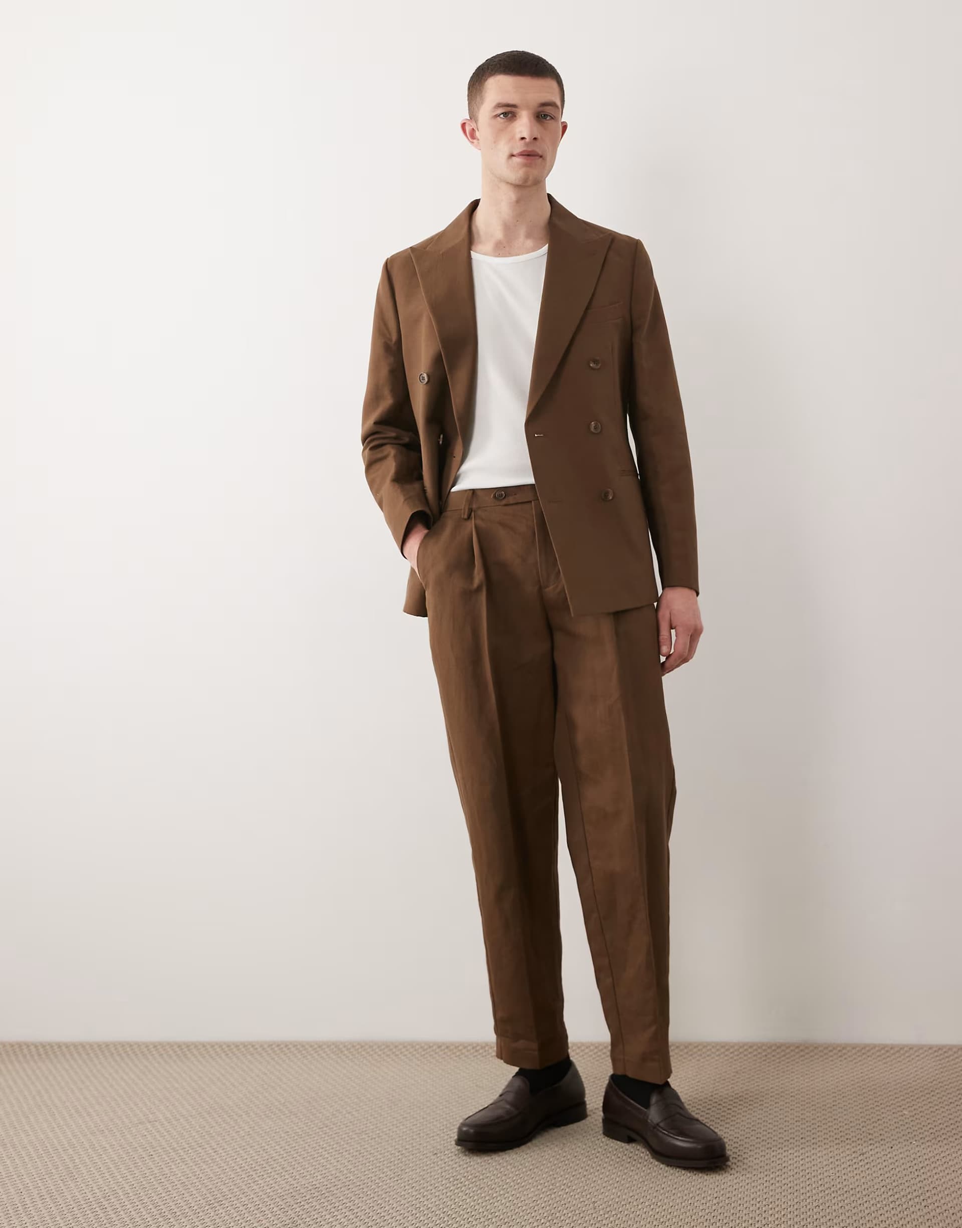 ASOS ASOS DESIGN relaxed tapered linen rich suit trousers in dark brown