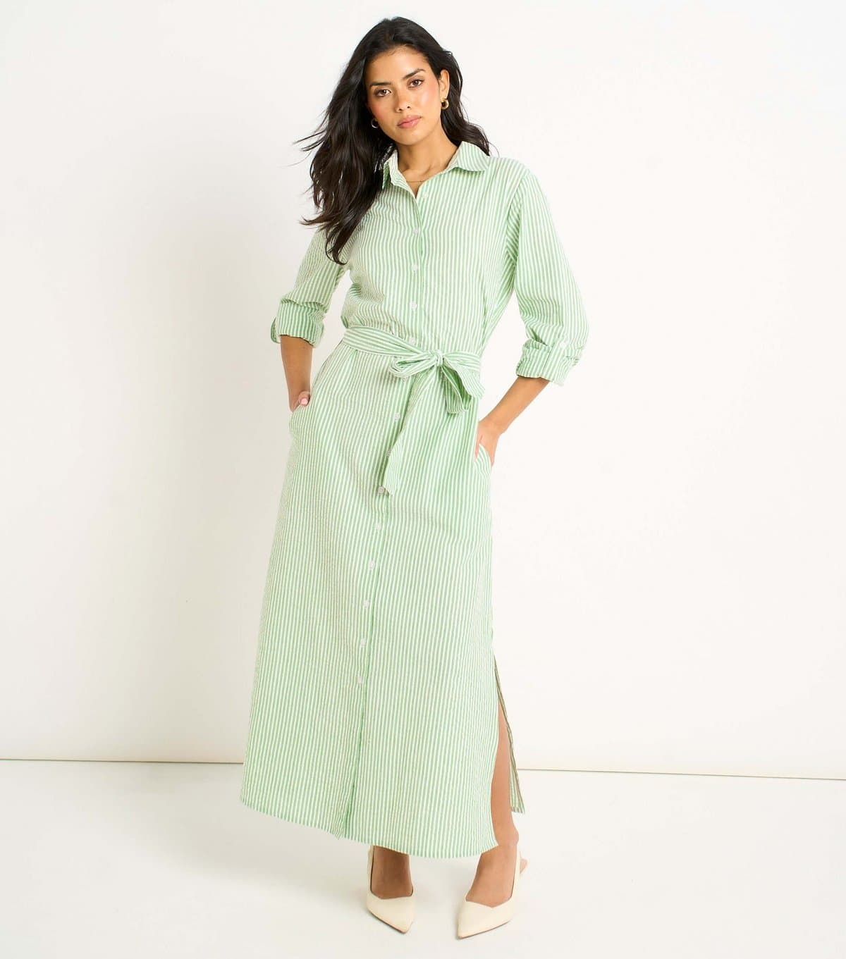 Gini London Women's Green Striped Long Sleeved Midi Shirt Dress Gini London New Look