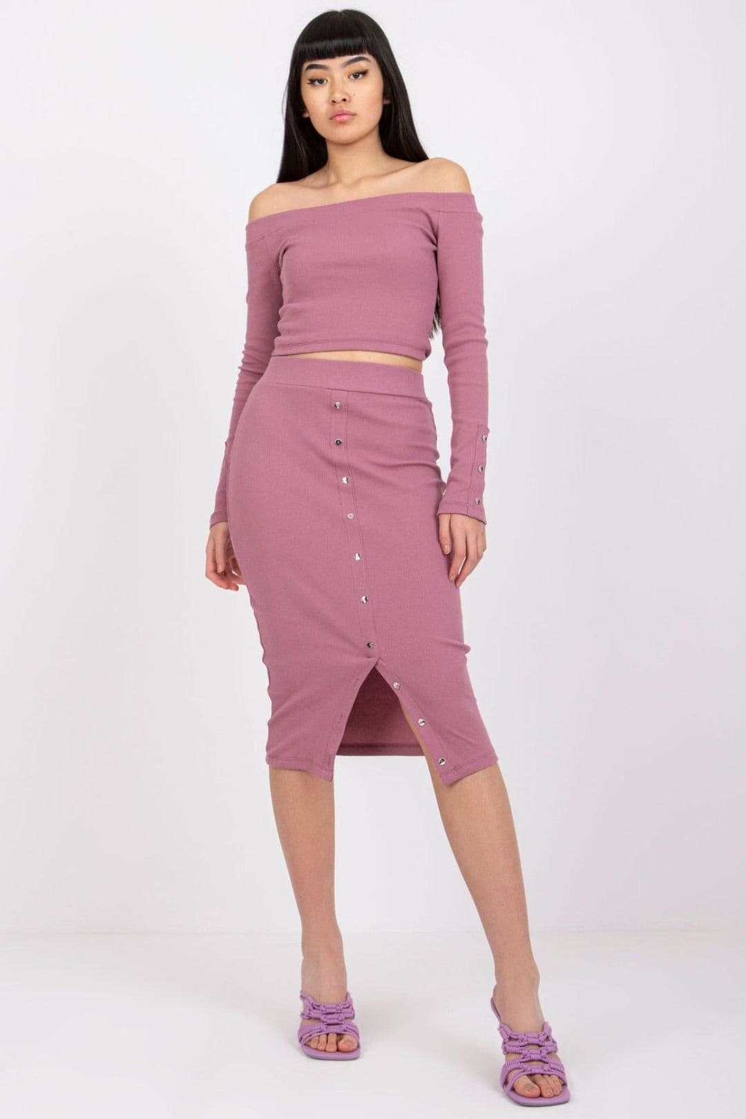 Love Lace Pink Ribbed Off-Shoulder Blouse Midi Skirt Set