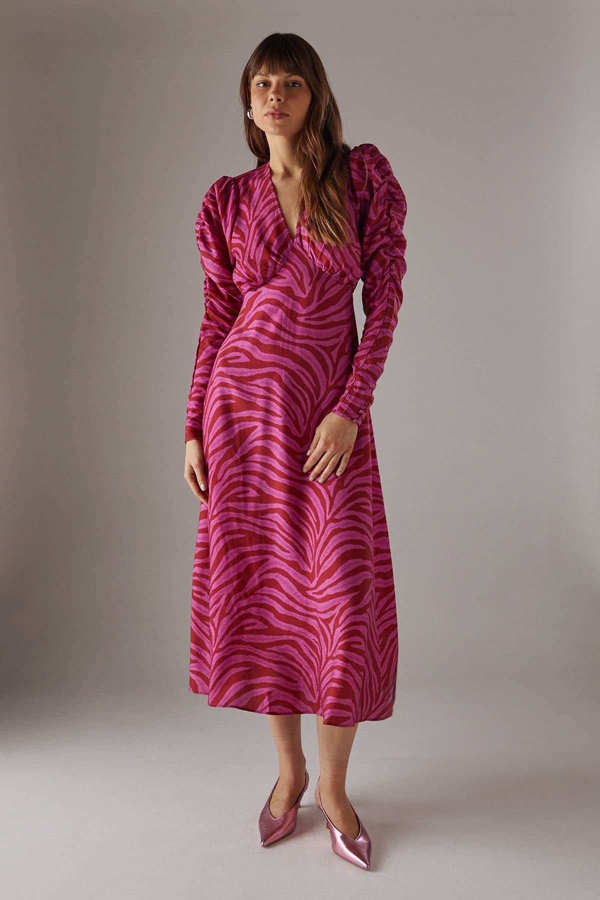 Warehouse Warehouse Women's Pink Zebra Print Viscose V Neck Long Puff Sleeve Midi Dress