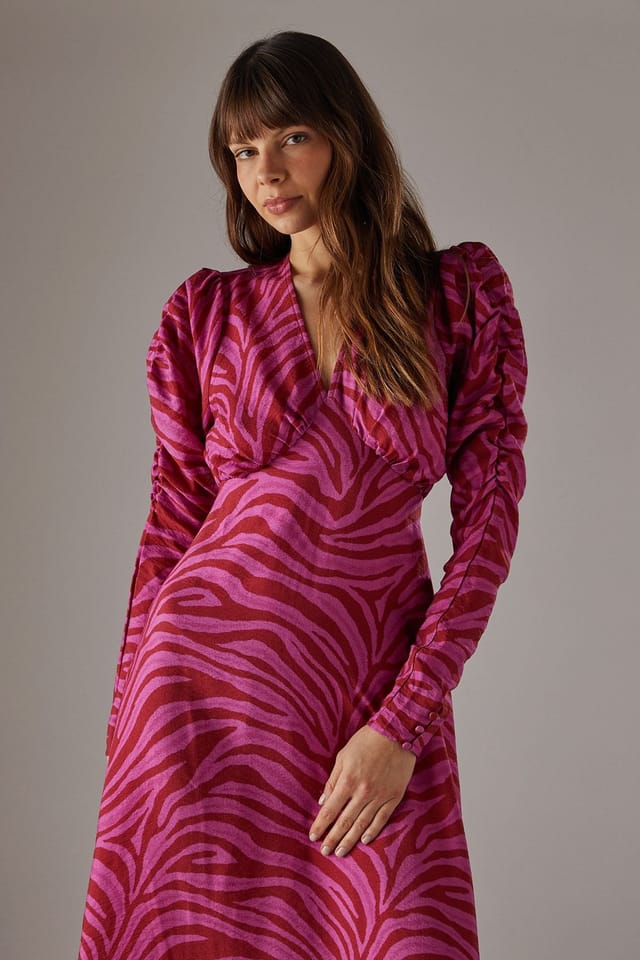 Warehouse Warehouse Women's Pink Zebra Print Viscose V Neck Long Puff Sleeve Midi Dress - 2