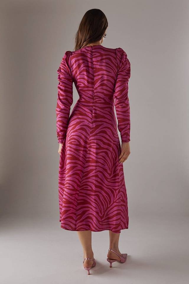 Warehouse Warehouse Women's Pink Zebra Print Viscose V Neck Long Puff Sleeve Midi Dress - 3