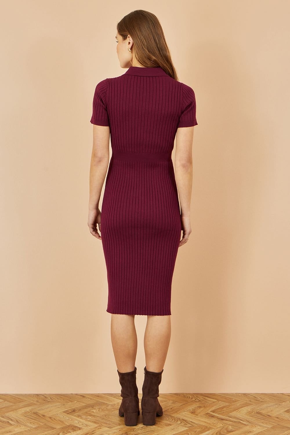 Yumi Yumi Women's Burgundy Fitted Rib Knitted Midi Dress With Daisy Buttons - 4