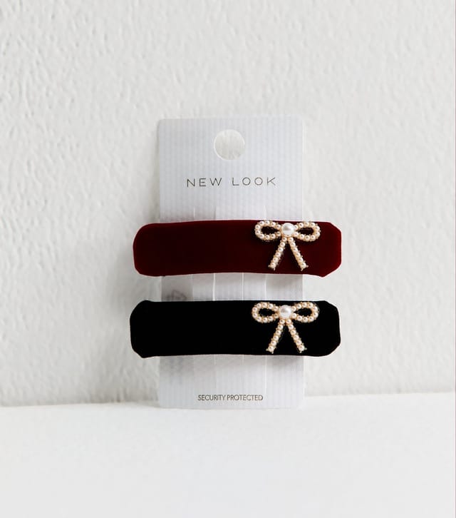 New Look Pack Of 2 Black and Red Velvet Embellished Bow Hair Slides New Look - 2