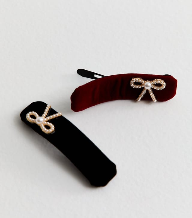 New Look Pack Of 2 Black and Red Velvet Embellished Bow Hair Slides New Look - 3