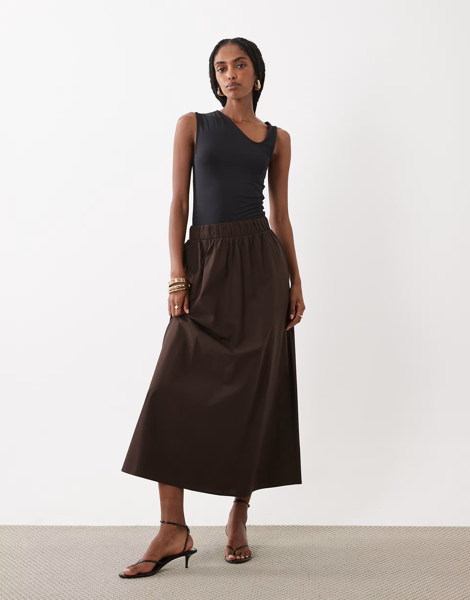 ASOS Vila cotton midi skirt in chocolate brown