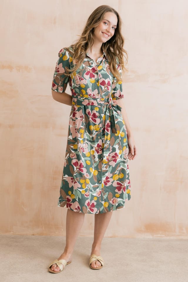 Lily & Me Lily & Me Women's Robyn Ceres Print Viscose Short Sleeve Tea Dress with Side Pockets in Pale Green - 3