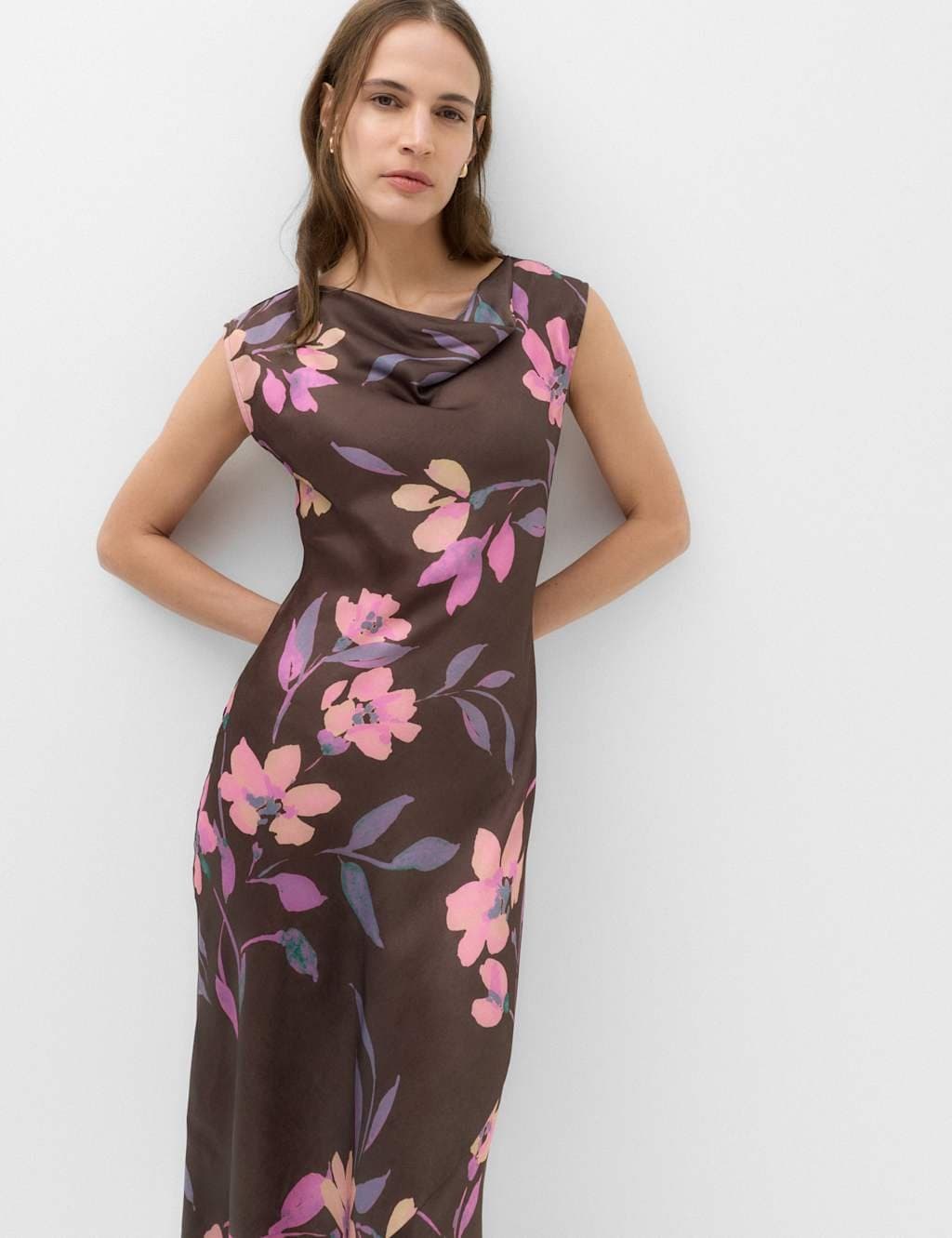 Marks & Spencer M&S Satin Floral Cowl Neck Maxi Slip Dress Chocolate Mix