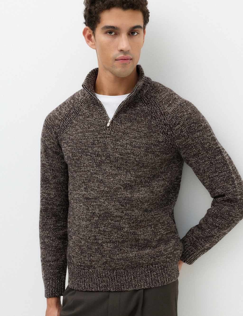 Marks & Spencer M&S Lambswool Blend Regular Fit Half Zip Jumper Brown Mix