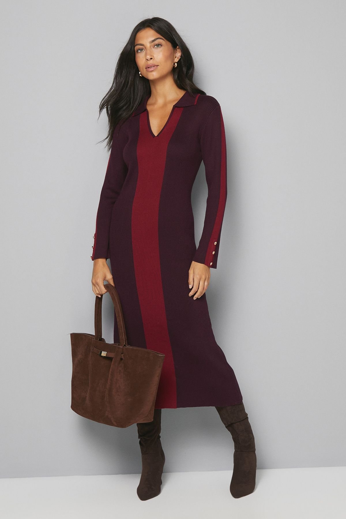 Wallis Wallis Women's Colour Block Knitted Midi Dress in Burgundy - 2