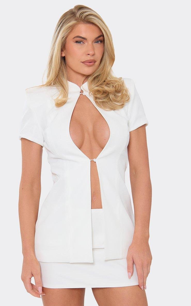 EGO Short Sleeve Button Up Neck Cut Out Blazer In White, Women's Size UK 6 - 2