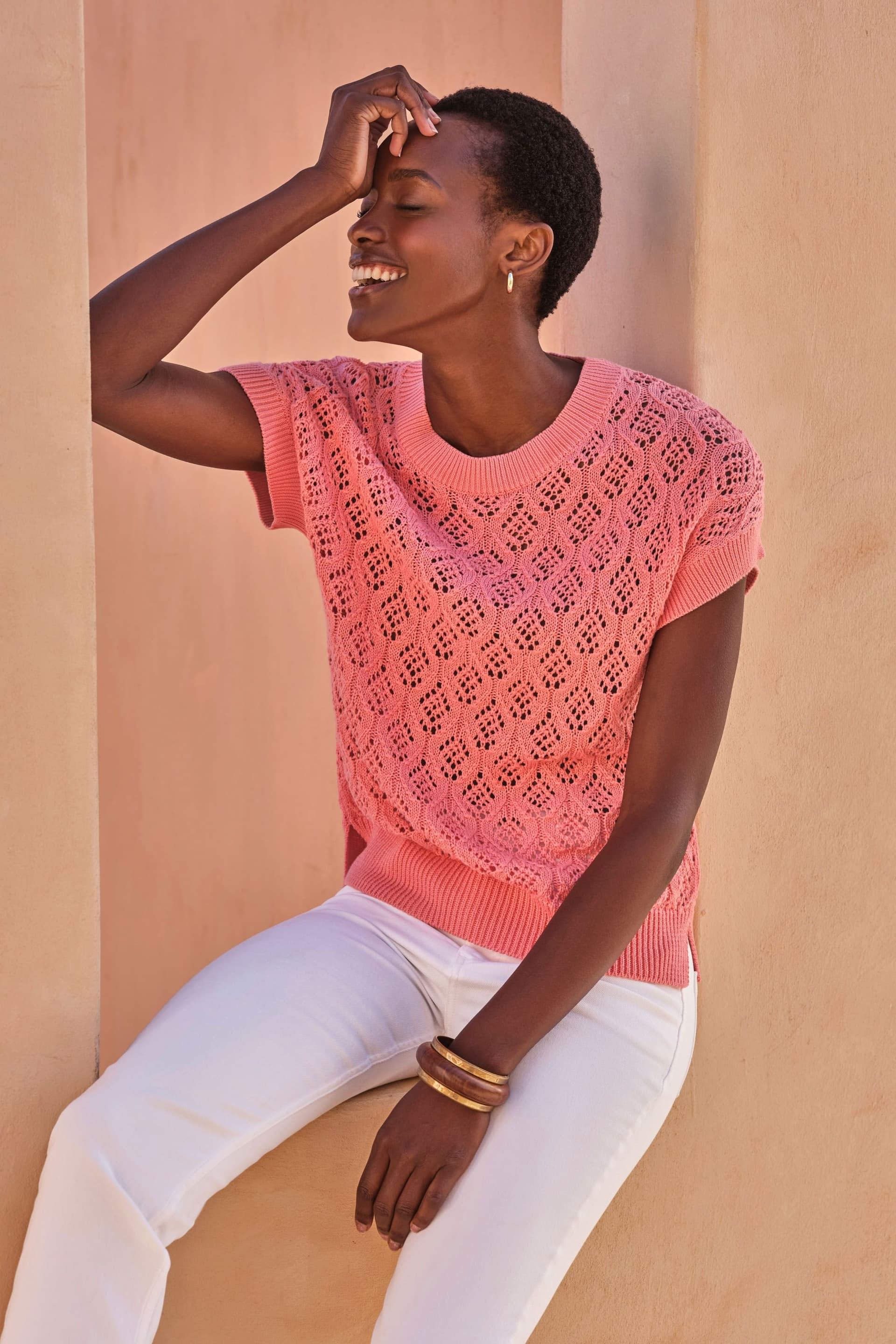 Pure Collection Pure Collection Women's Cotton Lace Knit Top in Pink