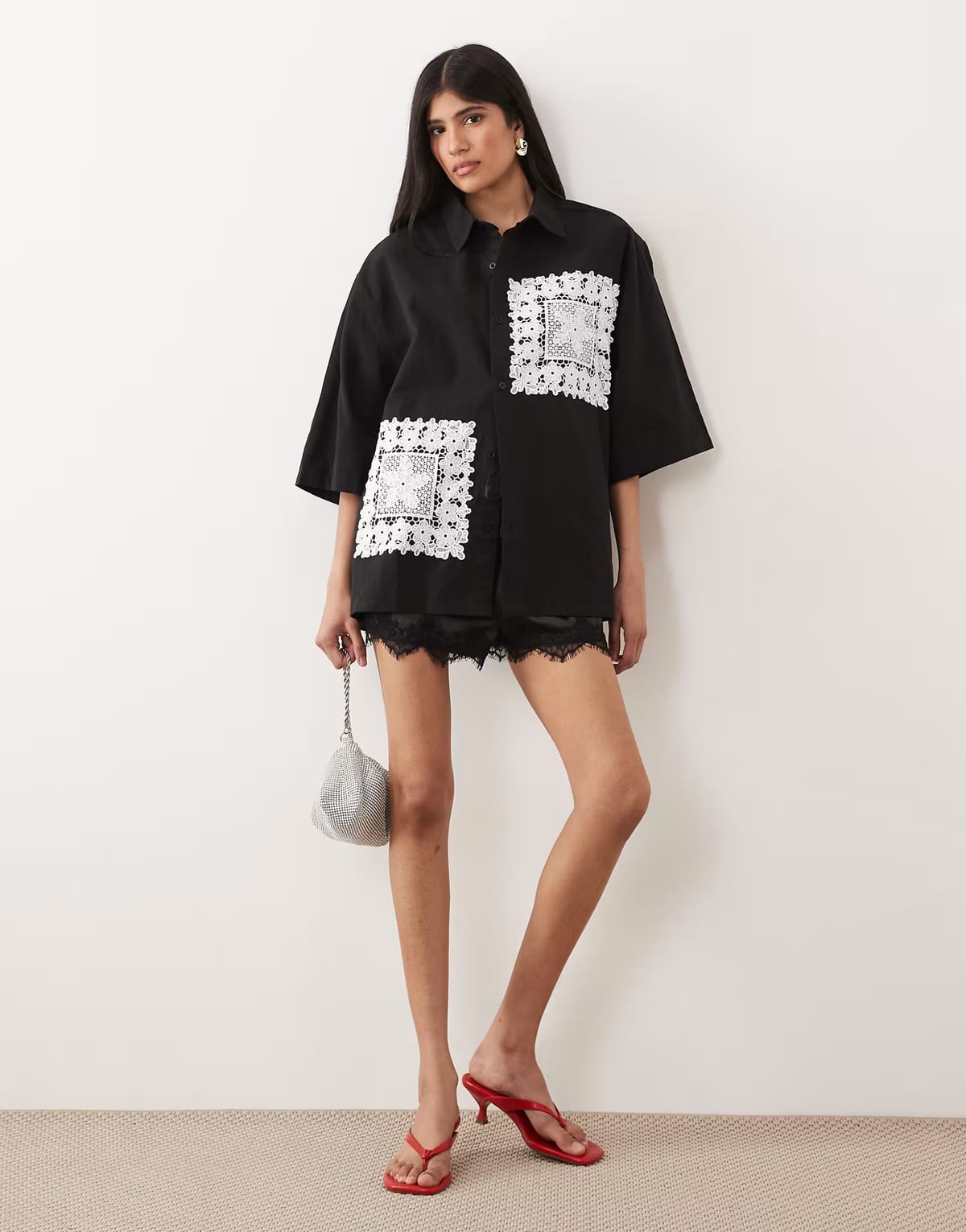 ASOS Sister Jane Unisex Galene crochet trim short sleeve shirt in black - 1