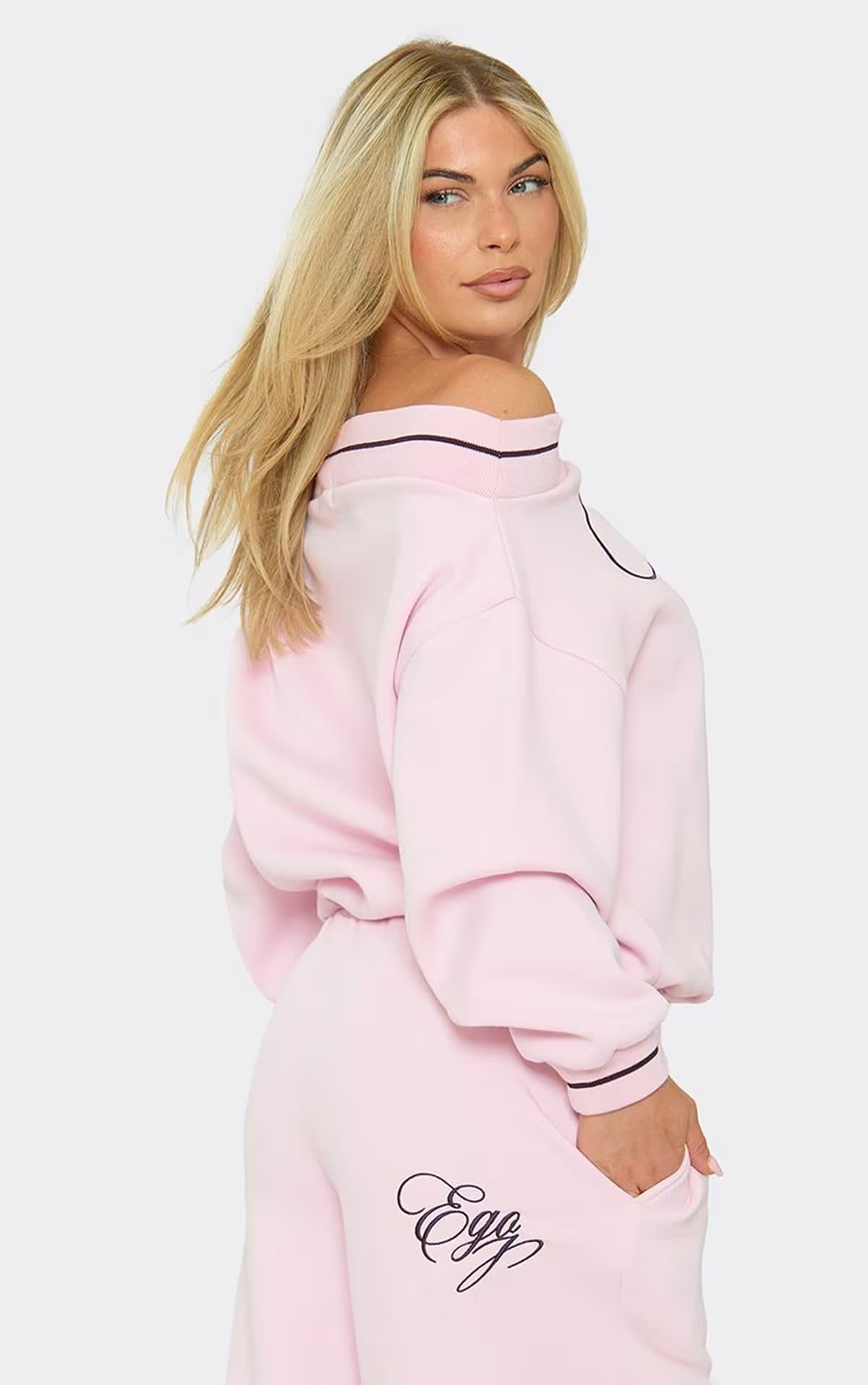 EGO Long Sleeve Off The Shoulder Graphic Detail Sweatshirt In Pink, Women's Size UK 6