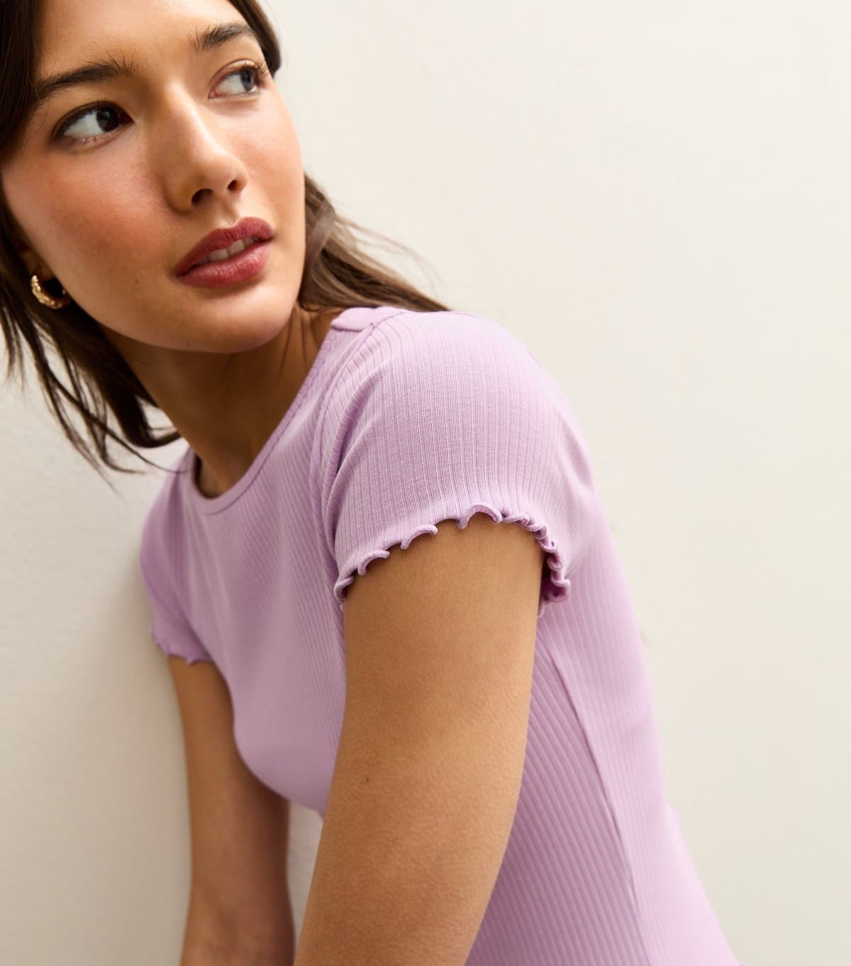 New Look New Look Lilac Ribbed Jersey Frilly Trimmed Short Sleeve Top