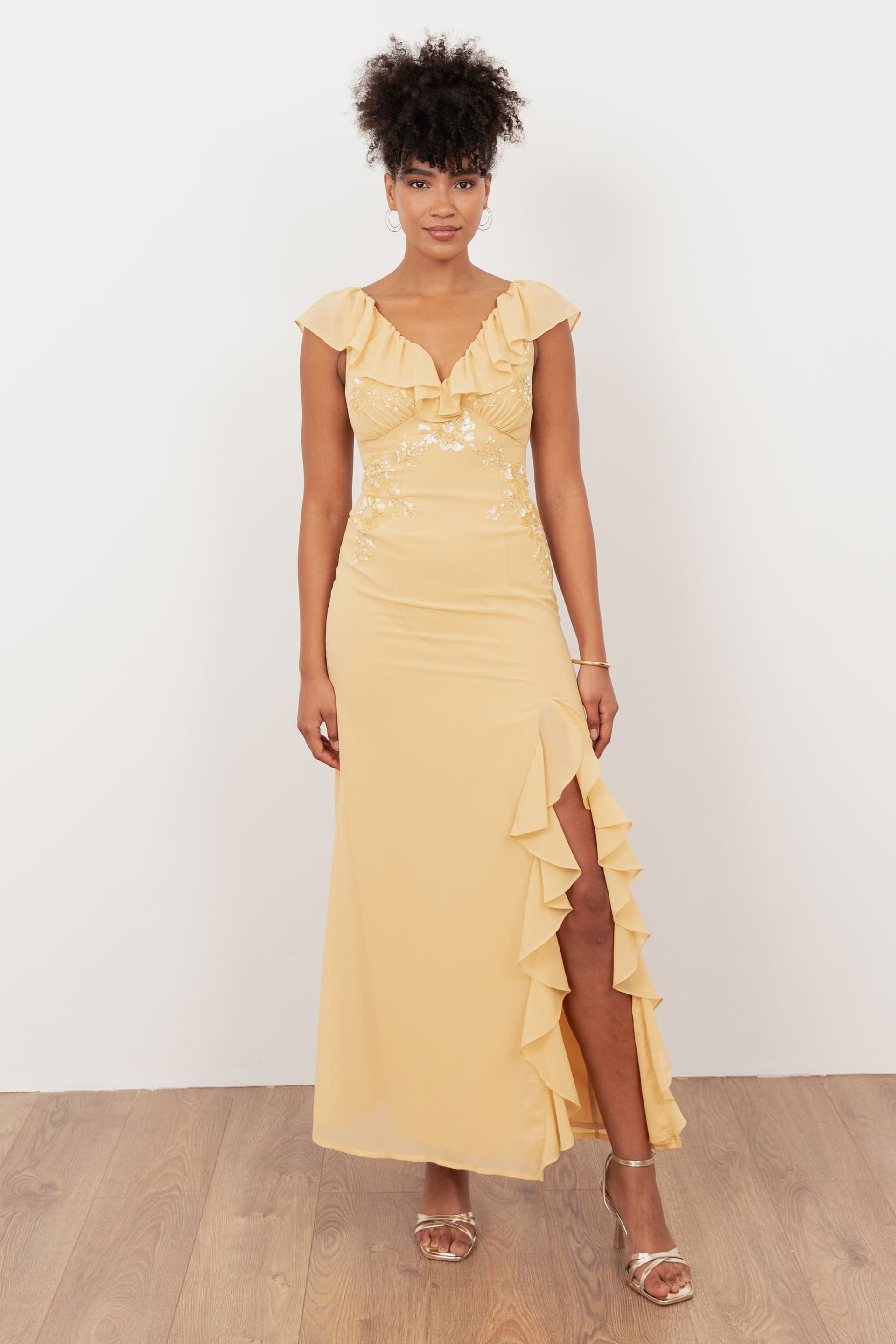 Maya Deluxe Maya Deluxe Women's Embellished V Neck Ruffle Maxi Dress in Yellow