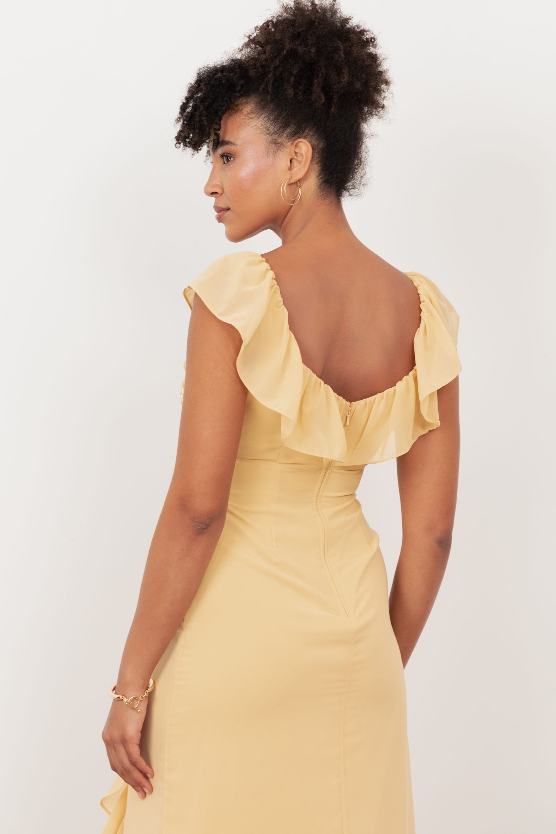 Maya Deluxe Maya Deluxe Women's Embellished V Neck Ruffle Maxi Dress in Yellow - 4