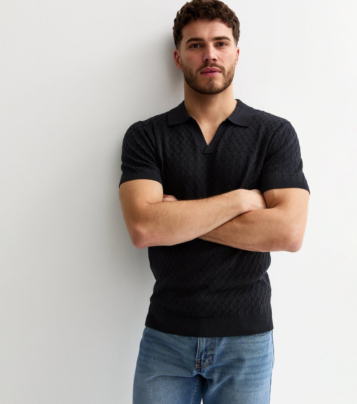 New Look Men's Navy Cable Knit Collared Polo Shirt New Look