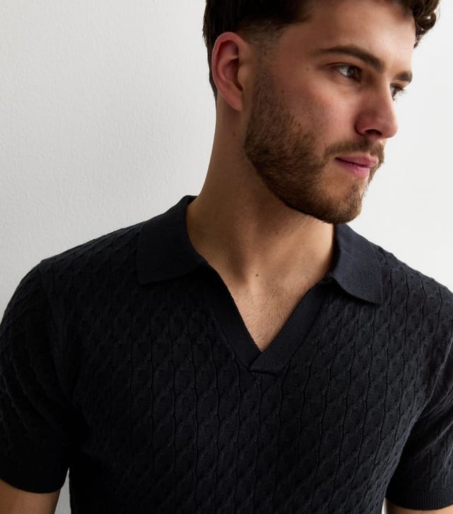 New Look Men's Navy Cable Knit Collared Polo Shirt New Look - 2