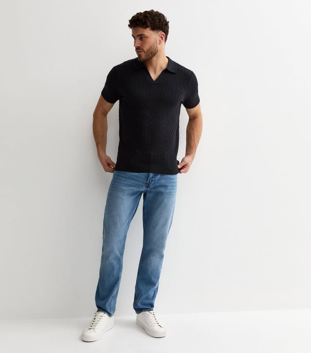 New Look Men's Navy Cable Knit Collared Polo Shirt New Look - 3