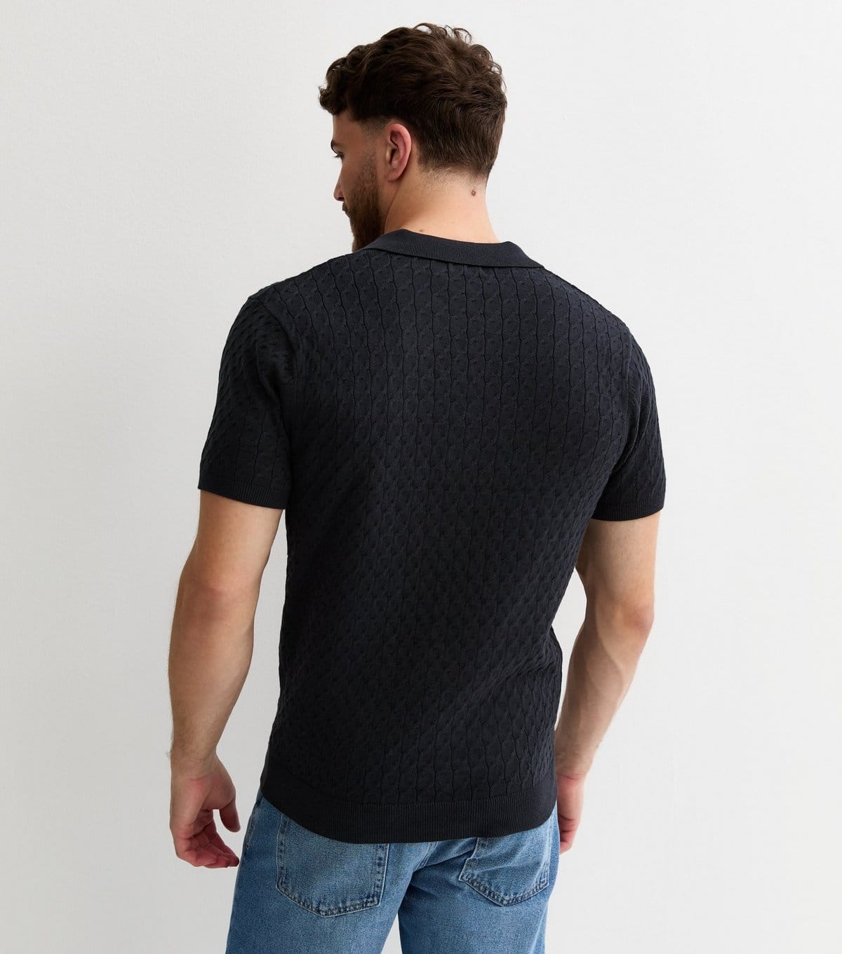 New Look Men's Navy Cable Knit Collared Polo Shirt New Look - 4