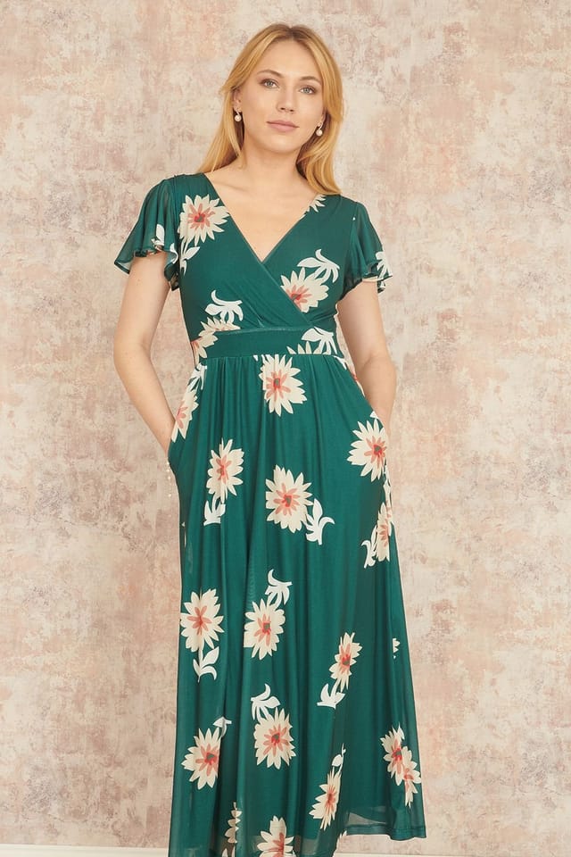 Yumi Yumi Women's Green Mesh Flower Wrap Midi Dress With Pockets - 2