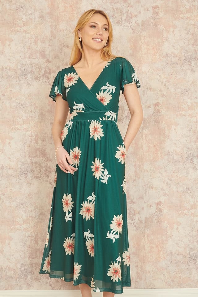 Yumi Yumi Women's Green Mesh Flower Wrap Midi Dress With Pockets - 3