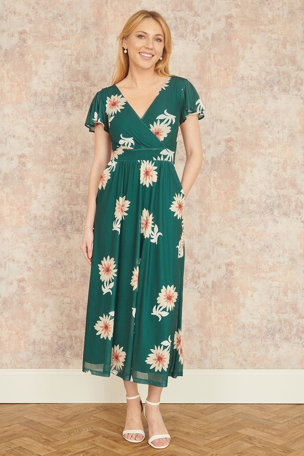 Yumi Yumi Women's Green Mesh Flower Wrap Midi Dress With Pockets - 4