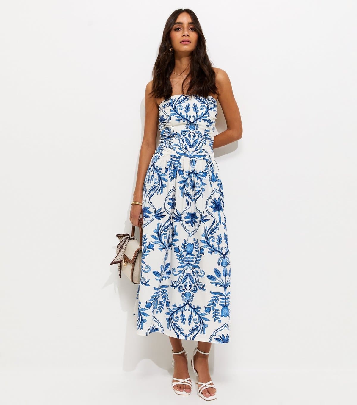 New Look Women's Blue Cotton Leaf Print Bandeau Midi Dress New Look