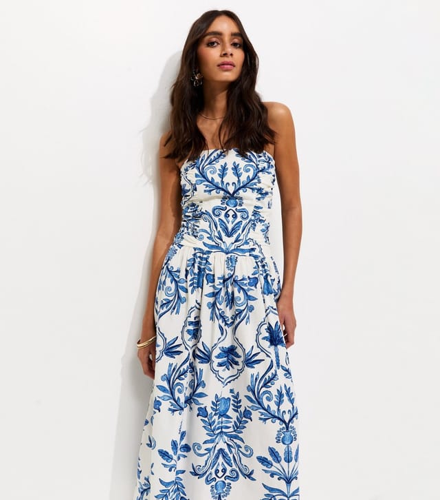 New Look Women's Blue Cotton Leaf Print Bandeau Midi Dress New Look - 3