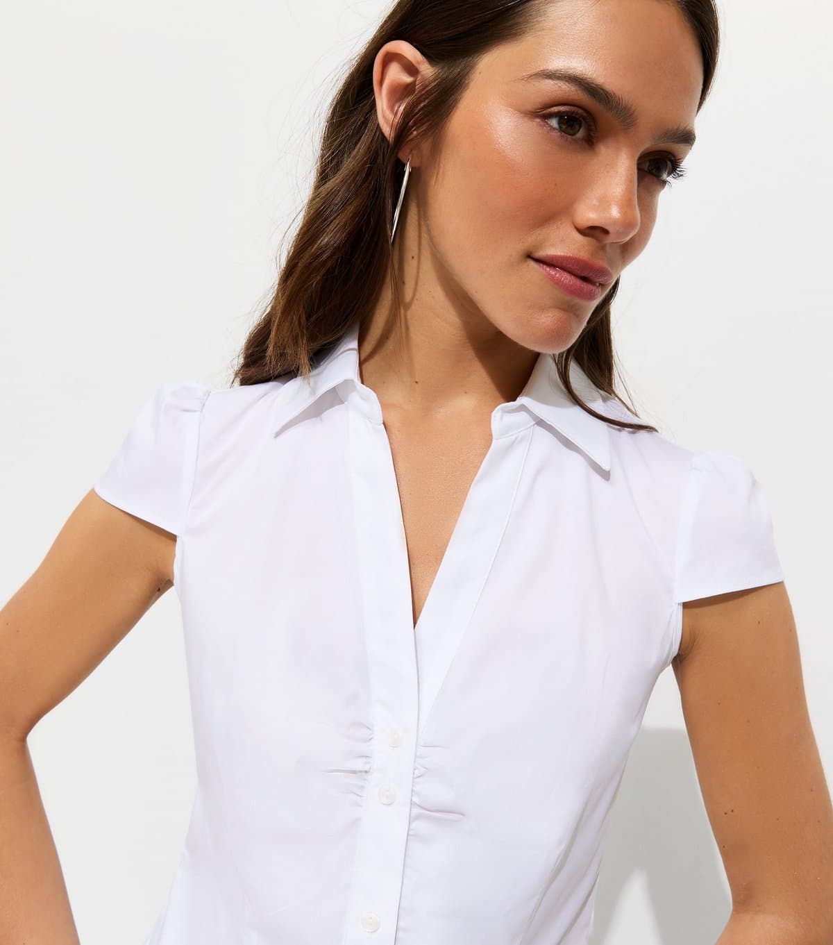 New Look Women's Petite White Cotton Blend Fitted Double Button Shirt New Look