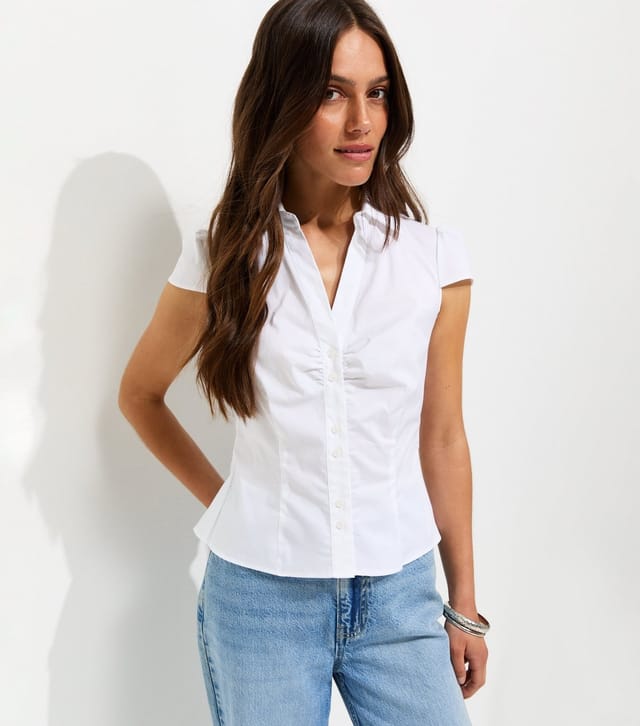 New Look Women's Petite White Cotton Blend Fitted Double Button Shirt New Look - 2