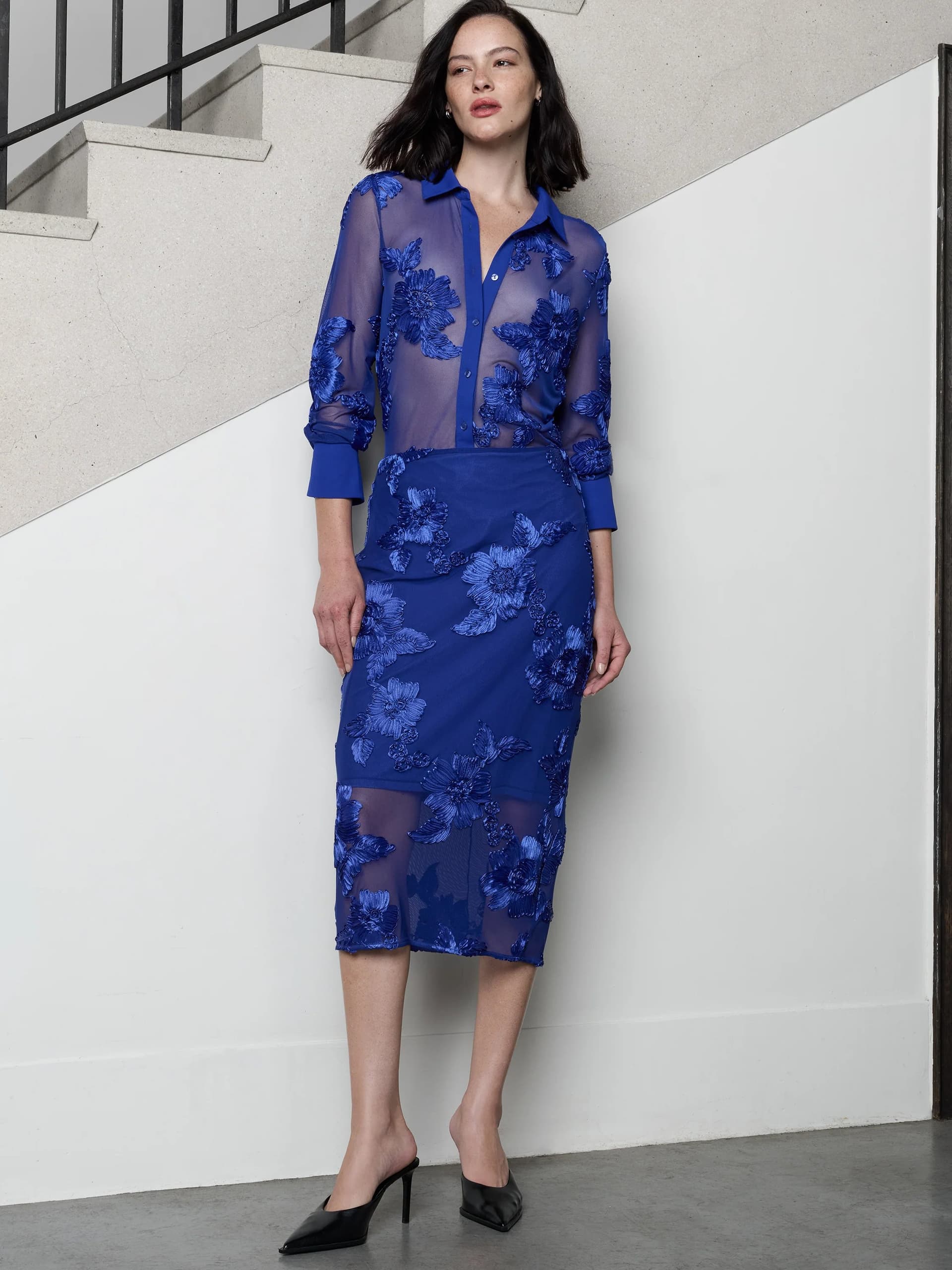 French Connection Lalitha Blue 3D Floral Midi Skirt Cobalt Blue
