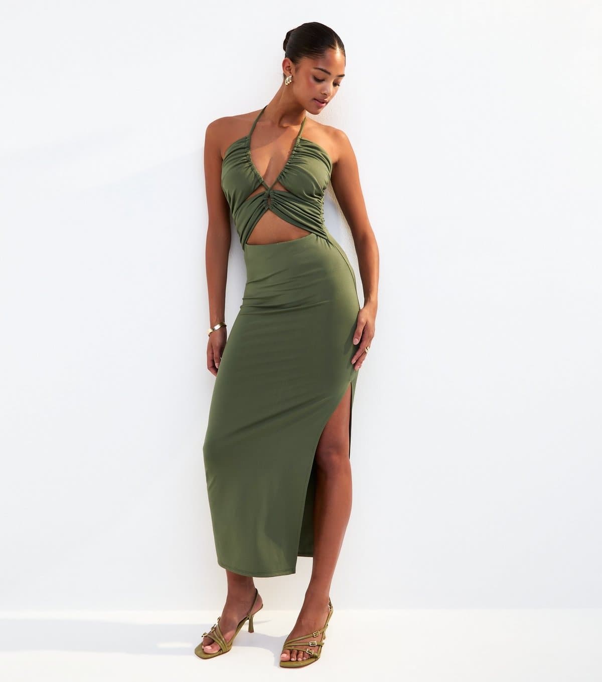 New Look Women's Dark Khaki Halterneck Cut Out Midi Dress New Look