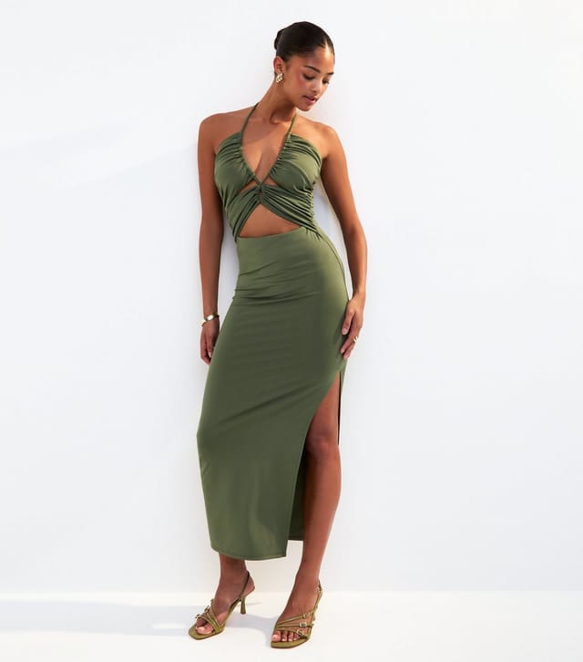 New Look Women's Dark Khaki Halterneck Cut Out Midi Dress New Look - 2