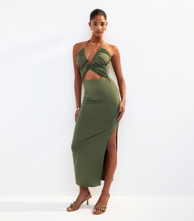 New Look Women's Dark Khaki Halterneck Cut Out Midi Dress New Look - 3