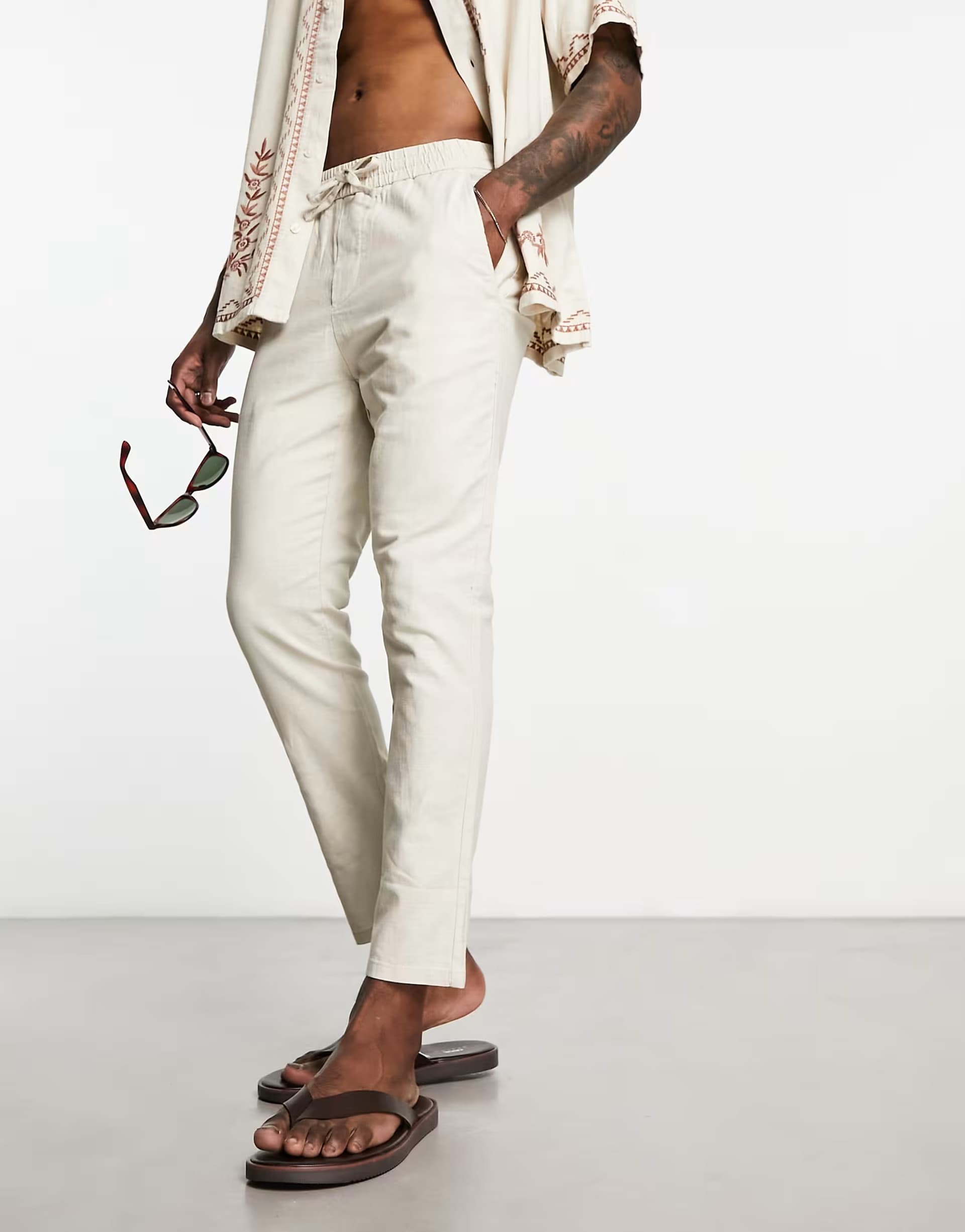 ASOS ONLY & SONS linen mix cropped trouser in beige