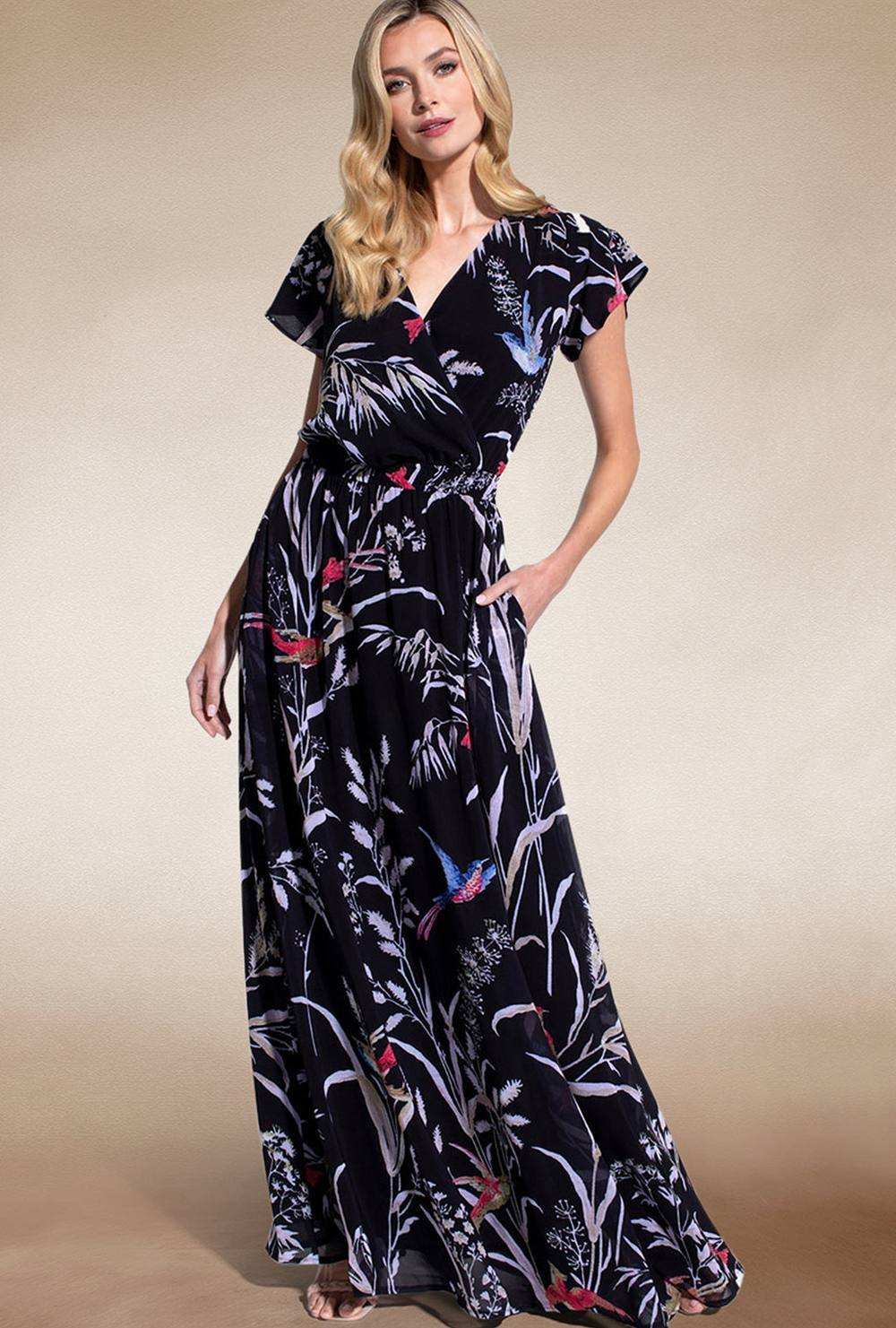 Hot Squash Hot Squash Women's Elegant Mock-Wrap Chiffon Maxi Dress in Black - 2