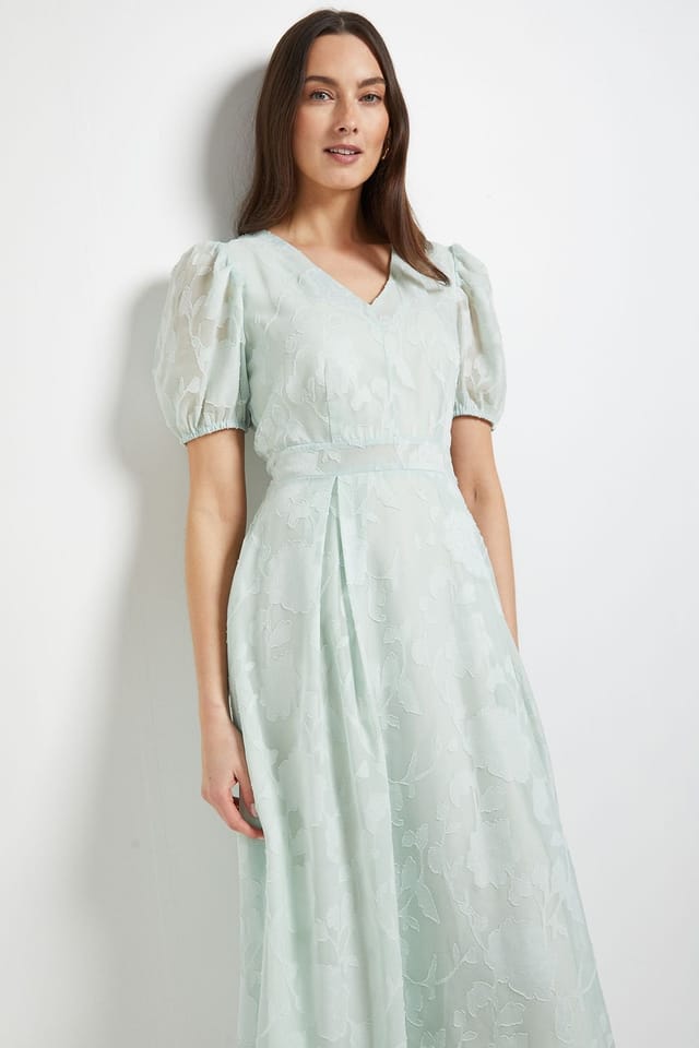 Principles Principles Women's Floral Jacquard Puff Sleeve Midi Dress in Sage - 2