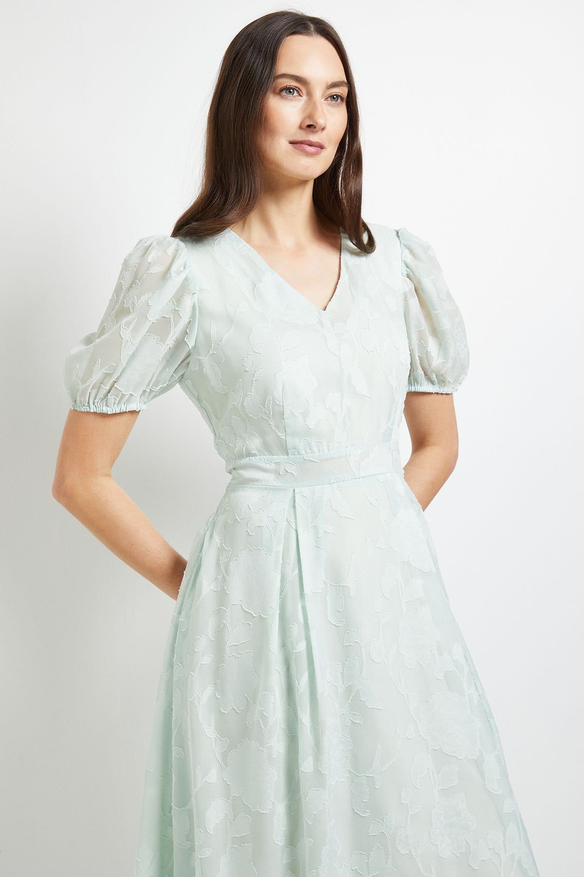 Principles Principles Women's Floral Jacquard Puff Sleeve Midi Dress in Sage - 4
