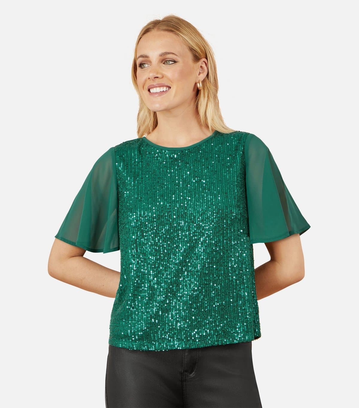 Yumi Women's Green Sequin Top Yumi New Look