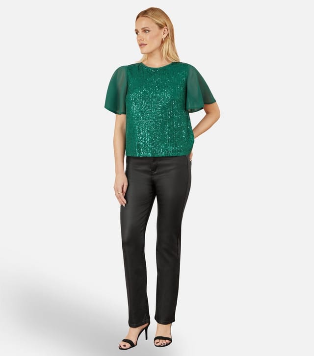 Yumi Women's Green Sequin Top Yumi New Look - 2