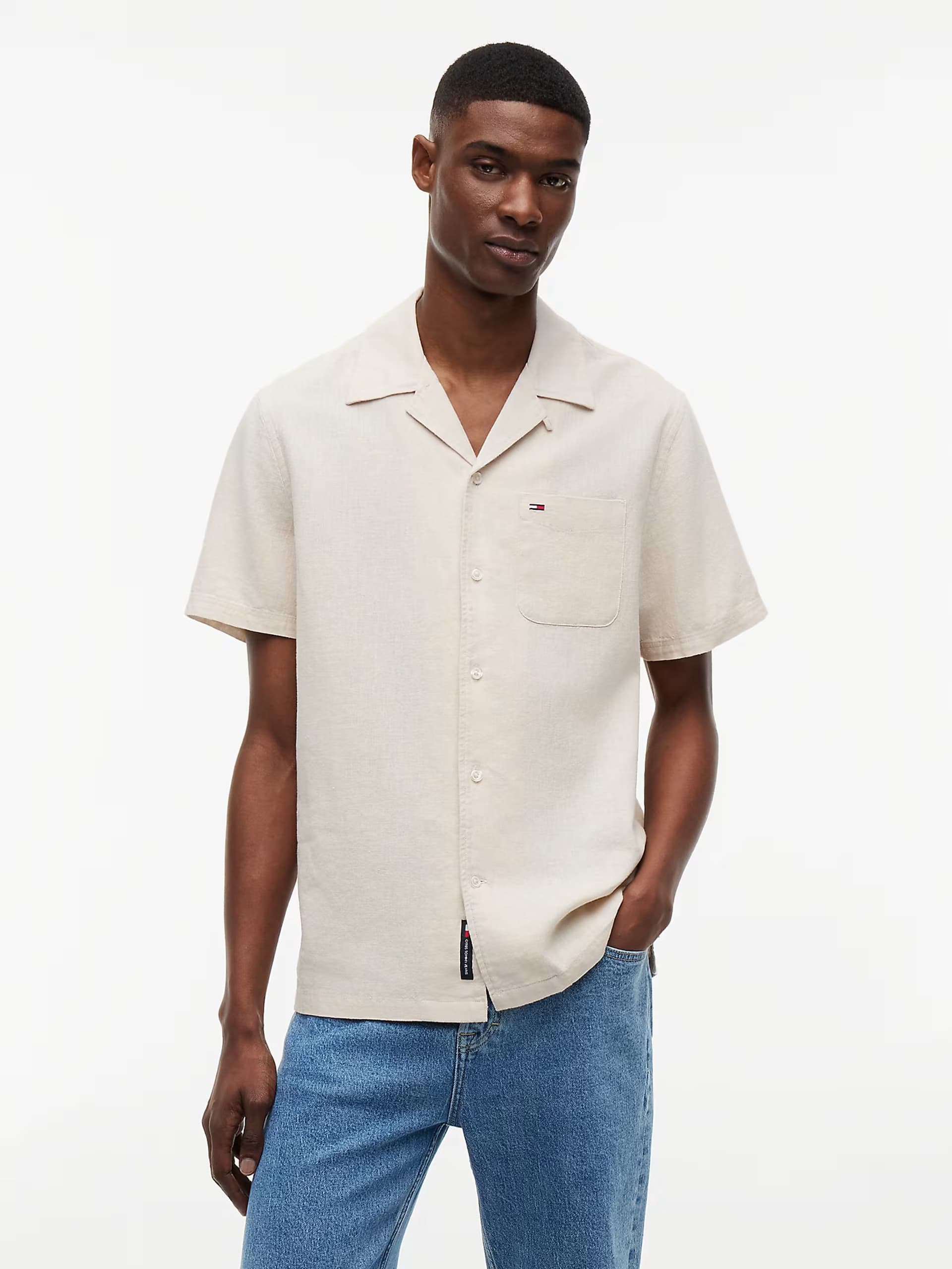 ASOS Tommy Jeans Regular fit linen blend short sleeve shirt in beige