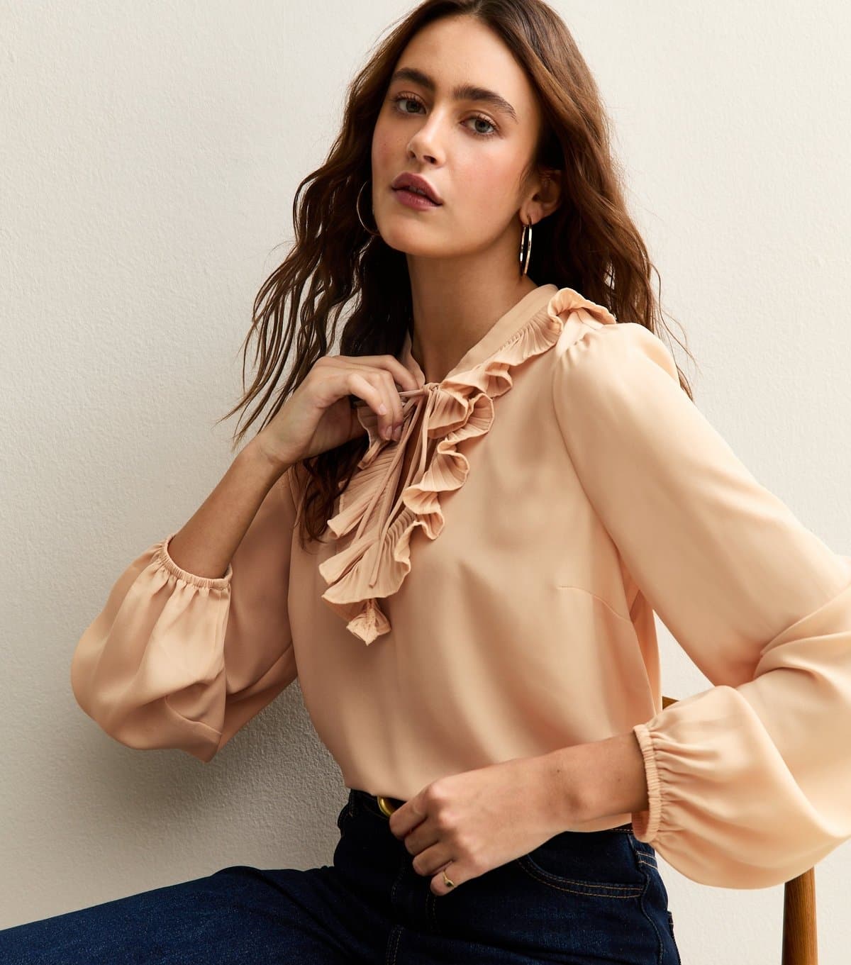 New Look Women's Pale Pink Ruffled Tie Neck Long Sleeve Blouse New Look
