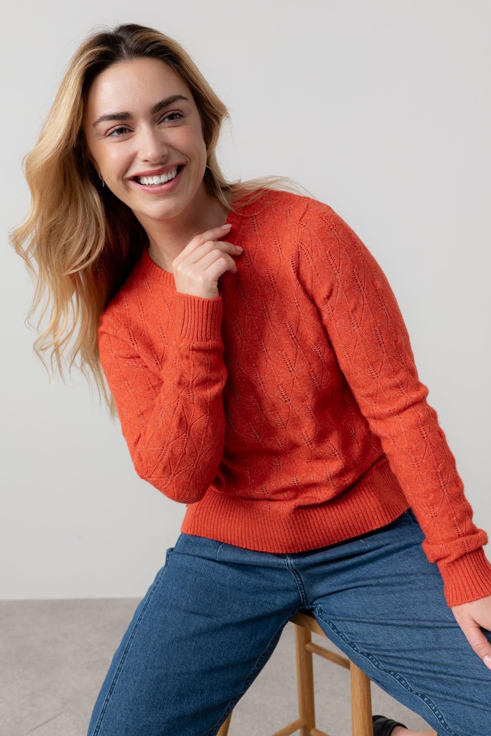 Lily & Me Lily & Me Women's Haresfield Crew Neck Blended yarn Pointelle Knit Jumper in Red